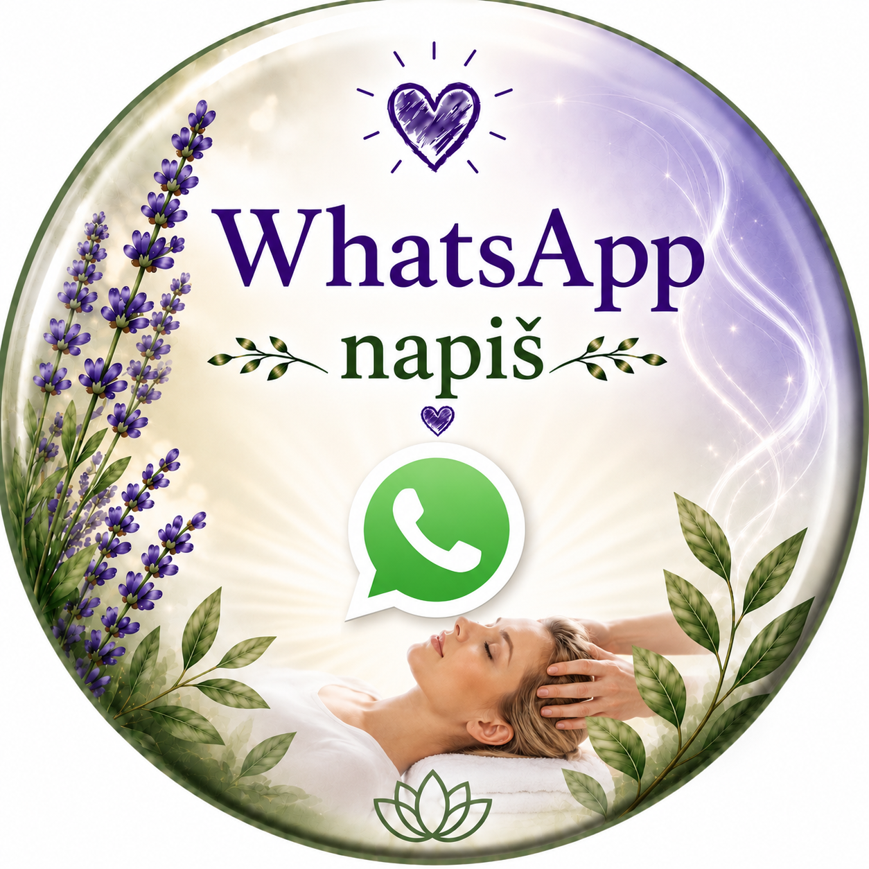 Ilustrační kruhový motiv s levandulí, nápisem WhatsApp, zelenou ikonou a spící ženou v přírodě.