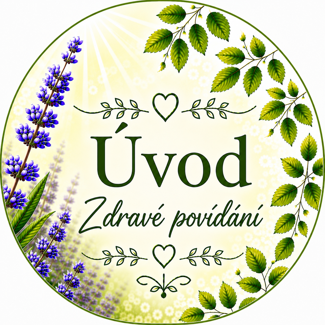 Kulatý dekor s nápisem Uvádí Zdravé povídání, zelenými listy a fialovými květy na světlém pozadí.