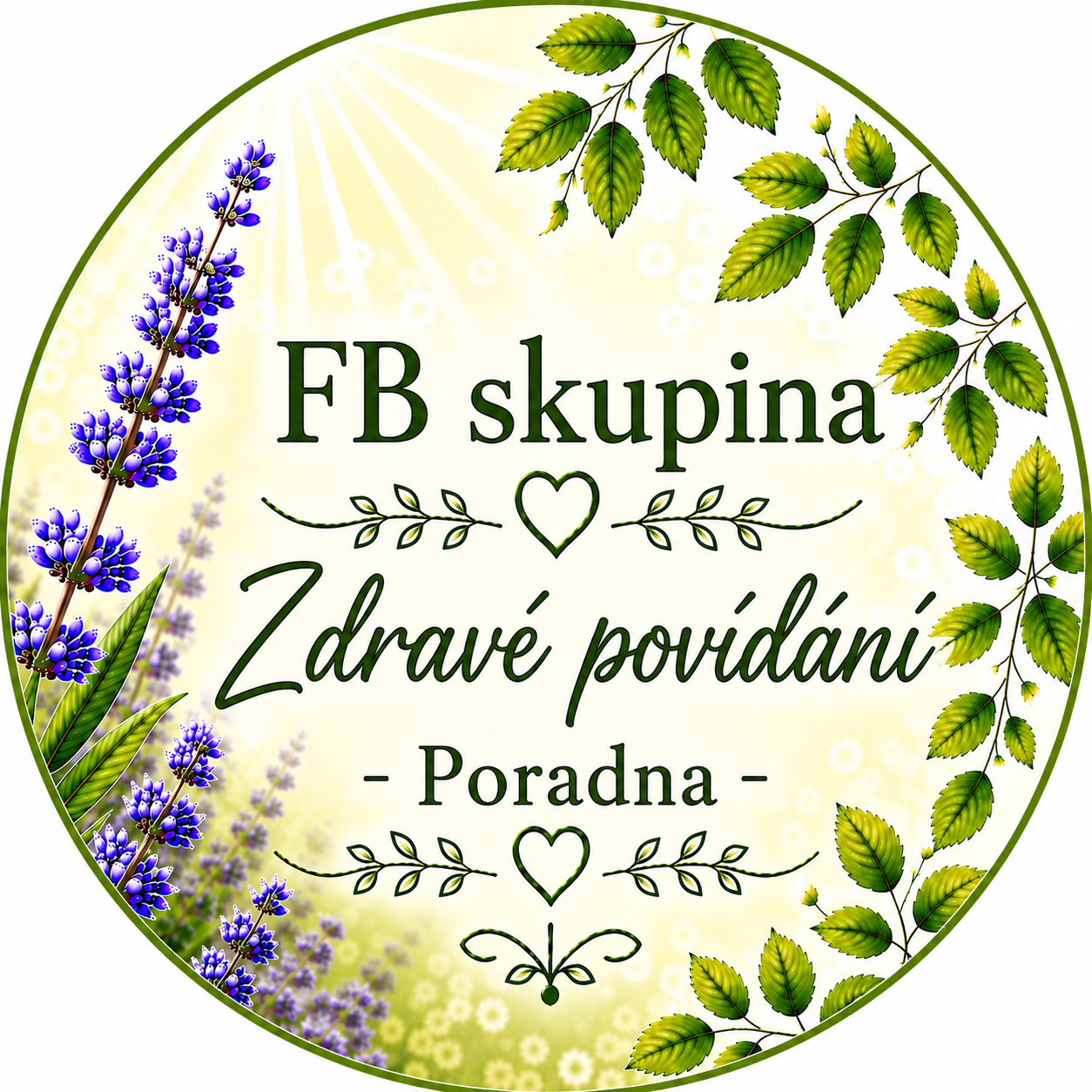 Kulatý zelený rám s nápisem FB skupina Zdravé povídání, levandulí a zelenými listy.