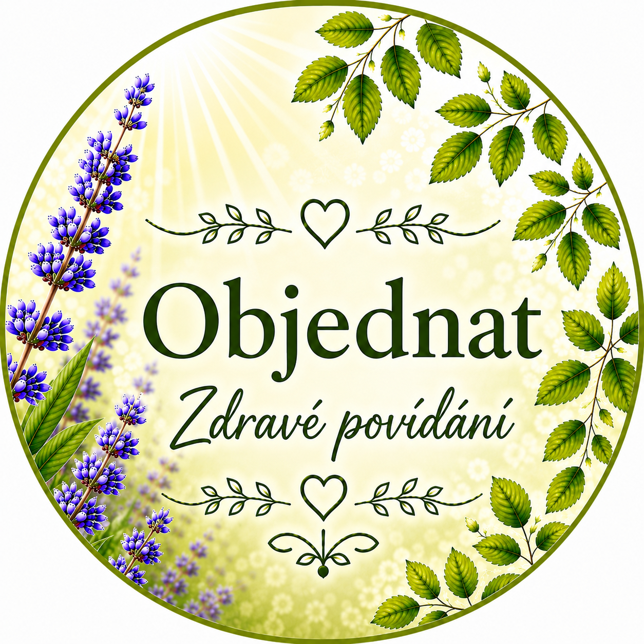 Kulatý dekor s nápisem Objednat Zdravé povídání, zelenými listy a modrými květy na světlém pozadí.