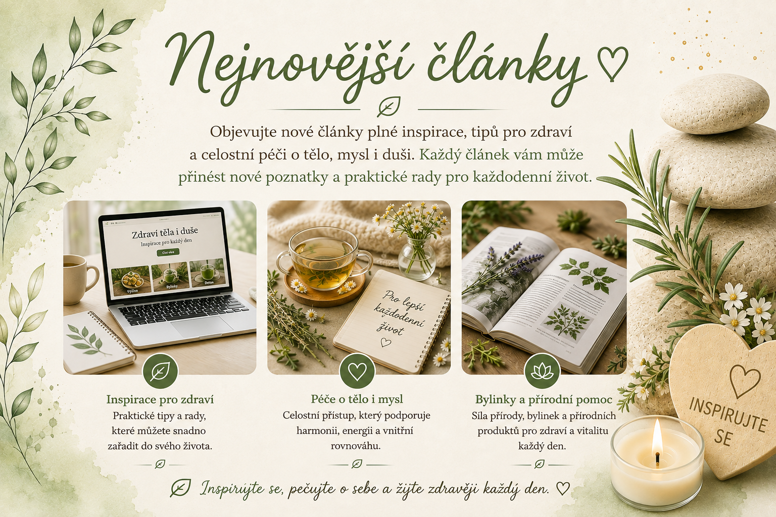 Zelený wellness banner s bylinkami, svíčkou, kameny a otevřenou knihou, tři tematické náhledy článků.